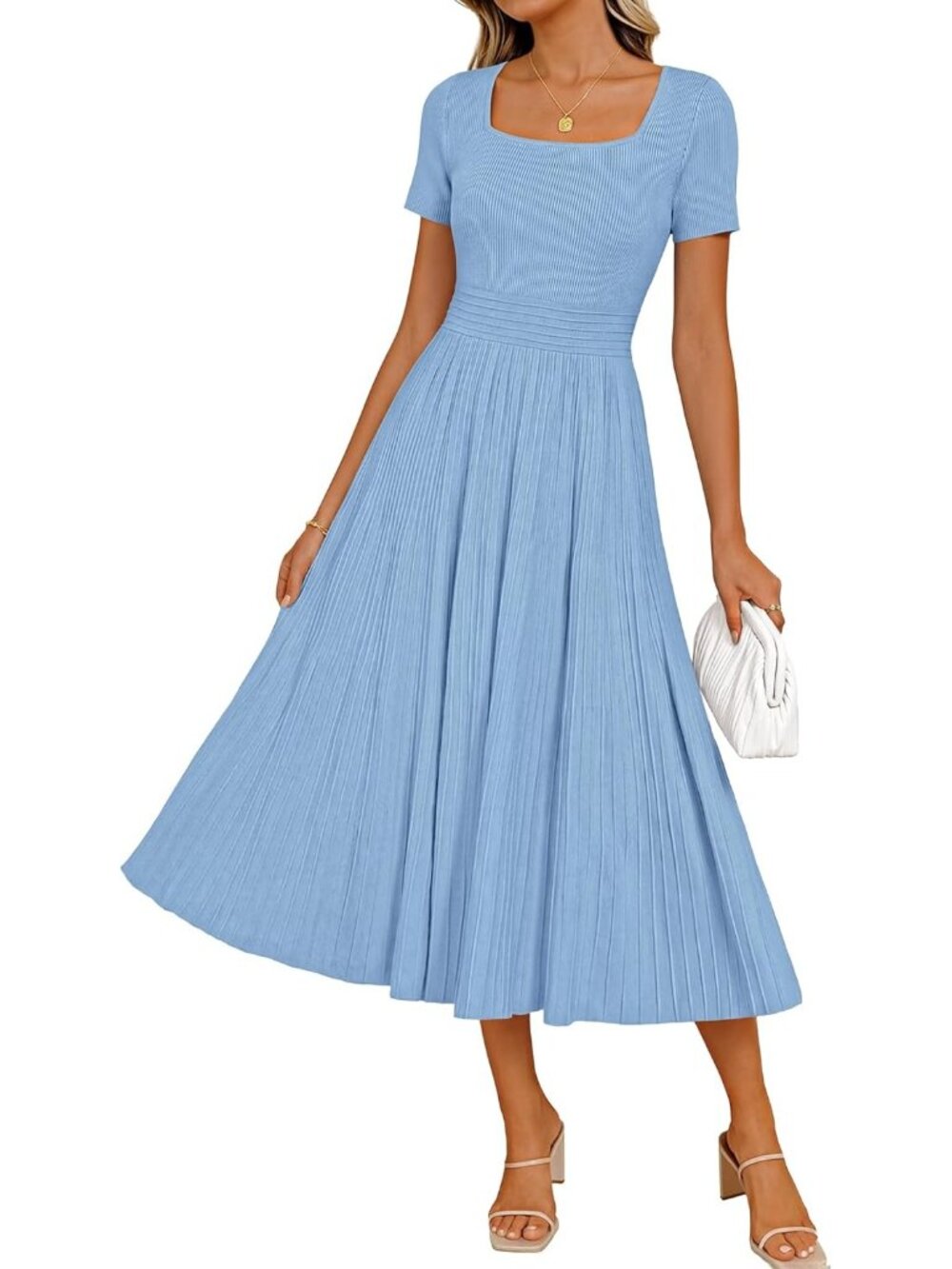 Women's Light Blue Short Sleeve Square Neck A LINE Imported MIDI Sweater Dress